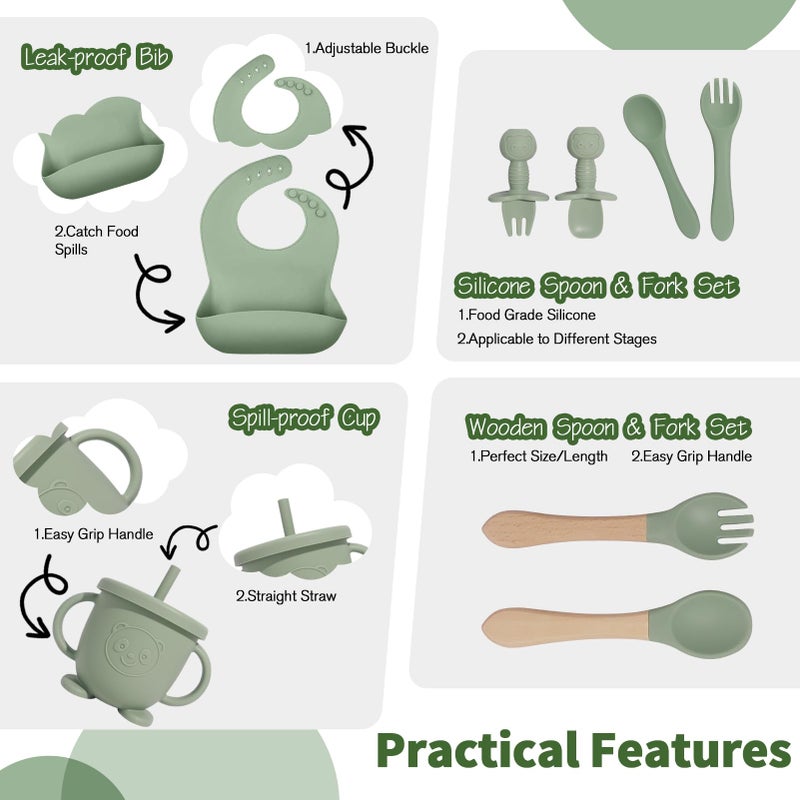 Catvegue Baby Led Weaning Supplies  17 Piece BPA-Free Silicone Feeding Set  Eating Essentials Baby Utensils with Suction Plate and Bowl  Pocket Bib  Sippy Cup with Lid  for 6+ Months  Green - Image 4